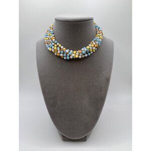 Vintage Japan Pastel Glass Bead Necklace Baby Blue Yellow Swirl - 6 Strand
